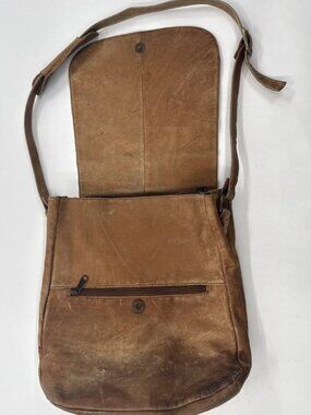Boulder Ridge Messenger Bag Tan Cowhide Leather Plaid Lined Pockets Distressed